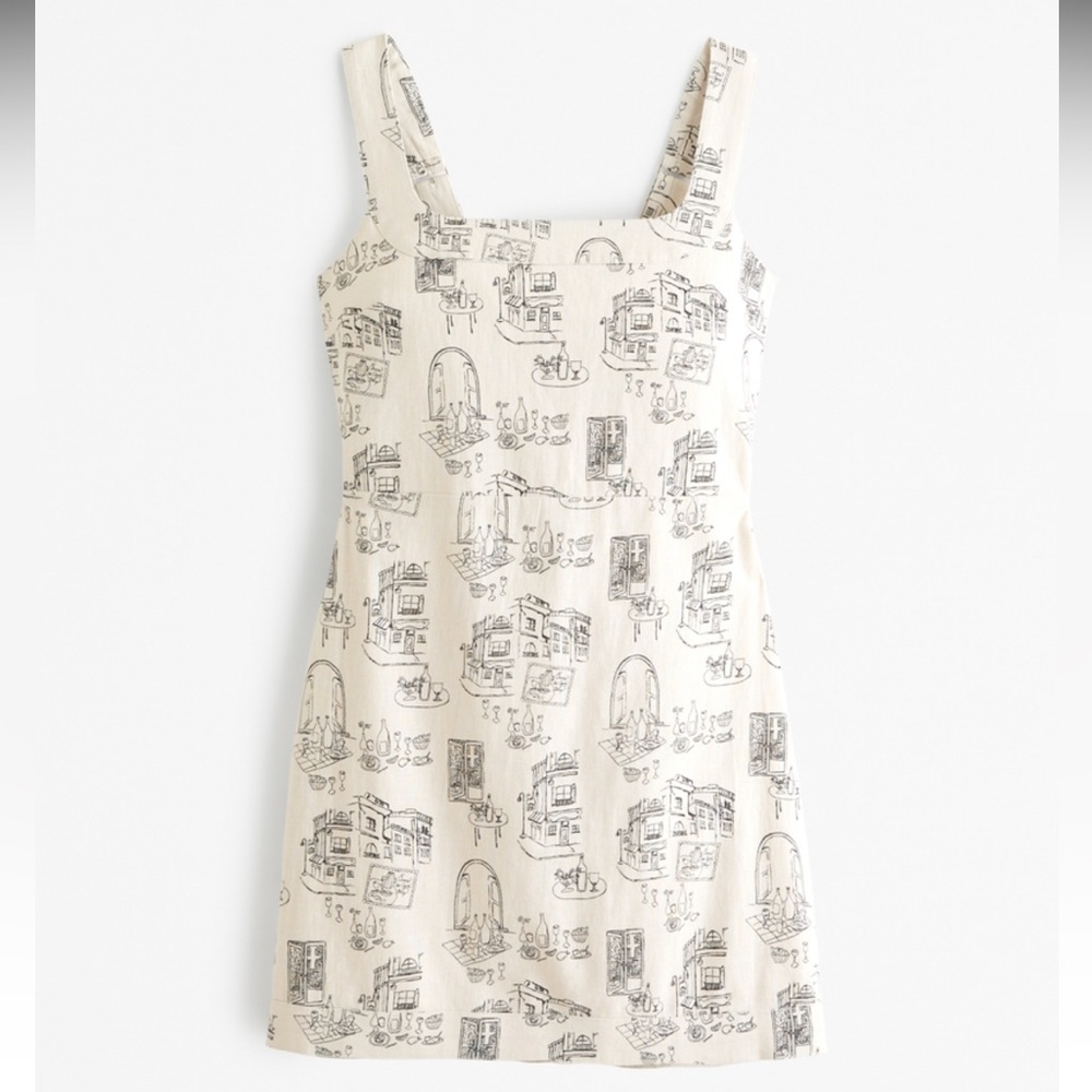 ABERCROMBIE & FITCH Linen Blend Wide Strap Dress With Paris Cafe Print